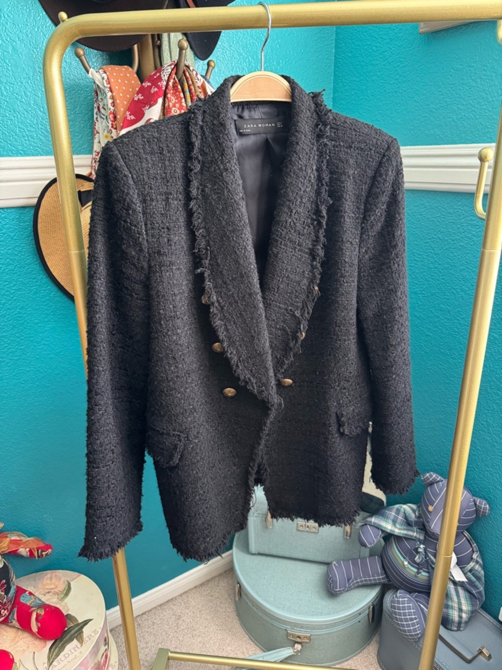Zara Black Textured Double-Breasted Frayed-Edge Blazer